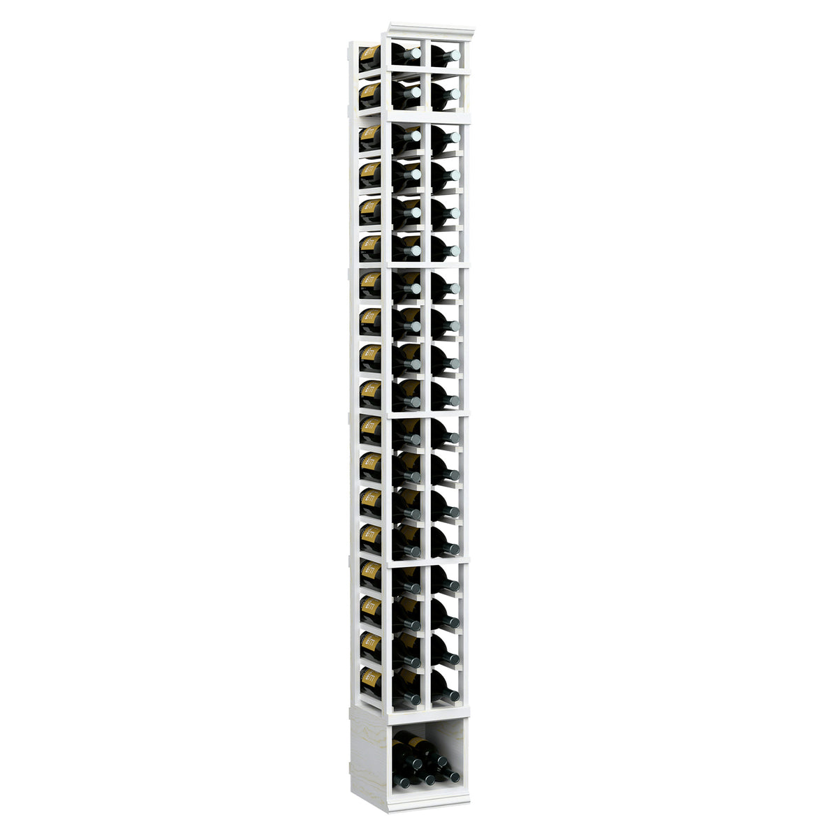 White 2-column wooden wine bottle rack with clear glass front, 8 ft tall