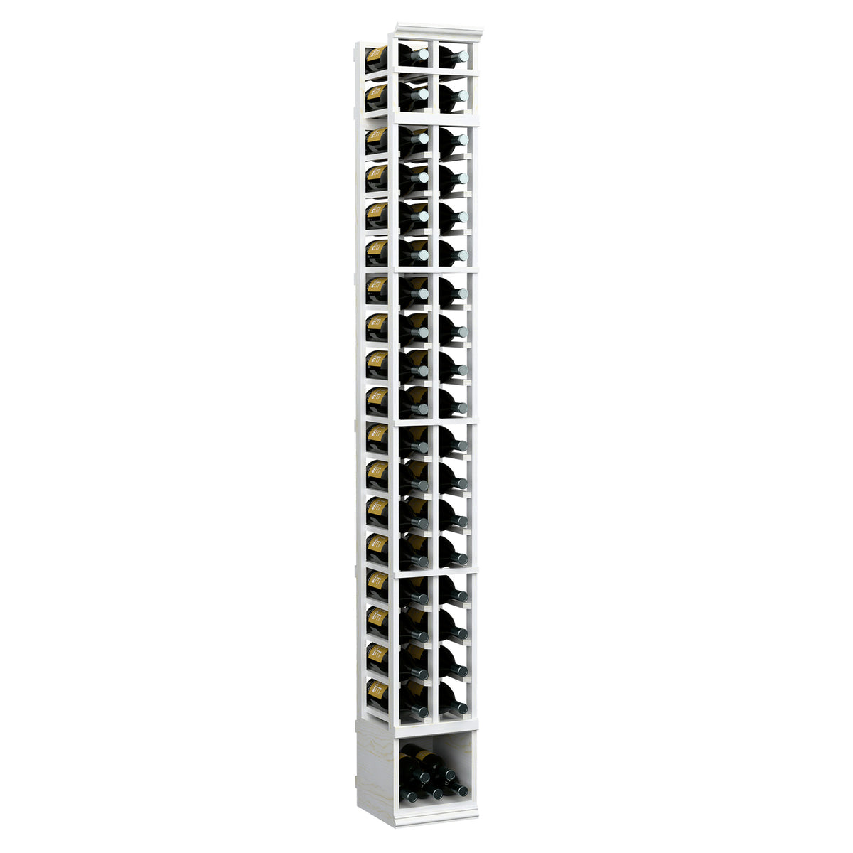 White 2-column wooden wine bottle rack with clear glass panels and bottle columns