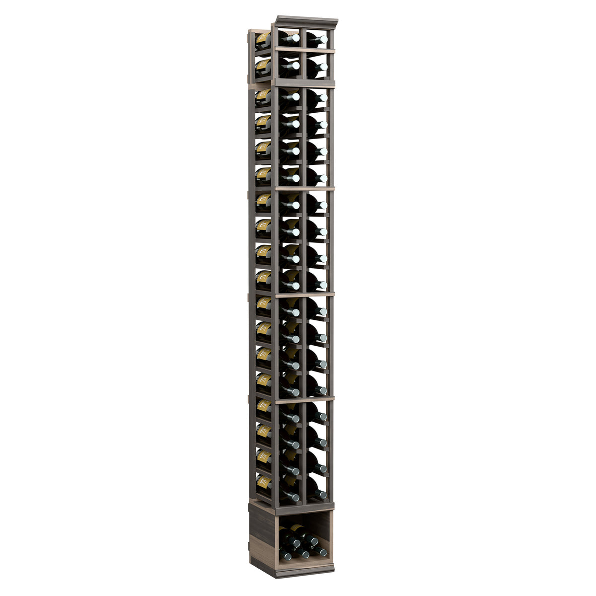 Tall 2-column wine bottle display rack with dark wood finish and glass front slots