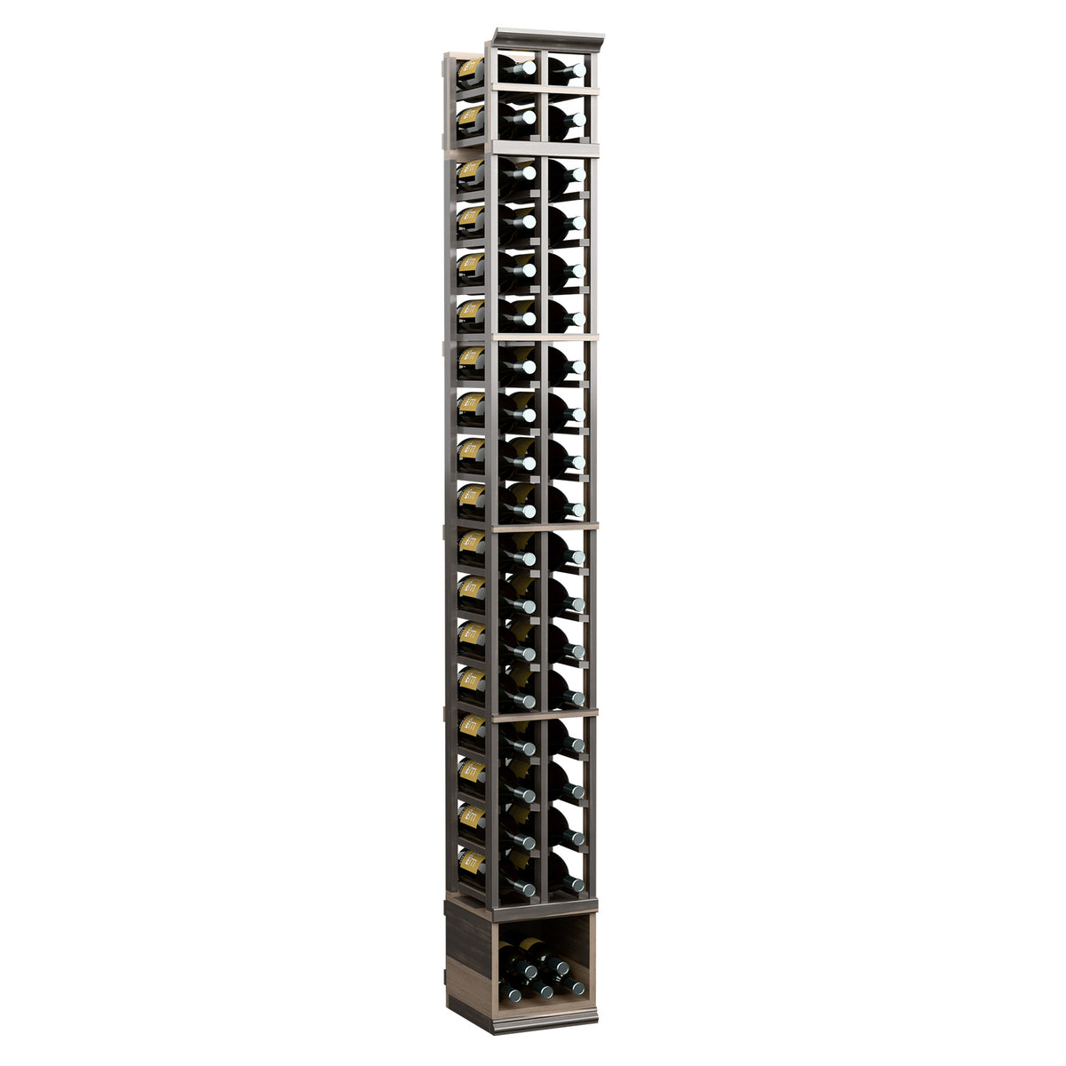 Tall 2-column wine bottle display rack with dark wood shelves and clear front compartments