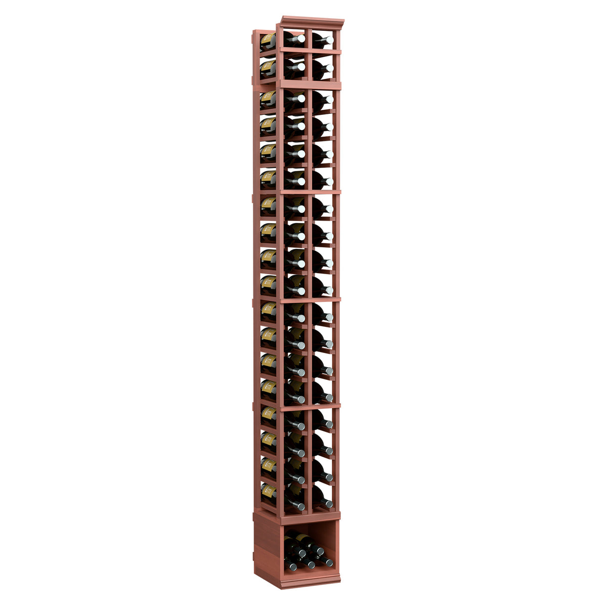 Tall 2-column wine bottle display rack with reddish wood finish and clear front compartments