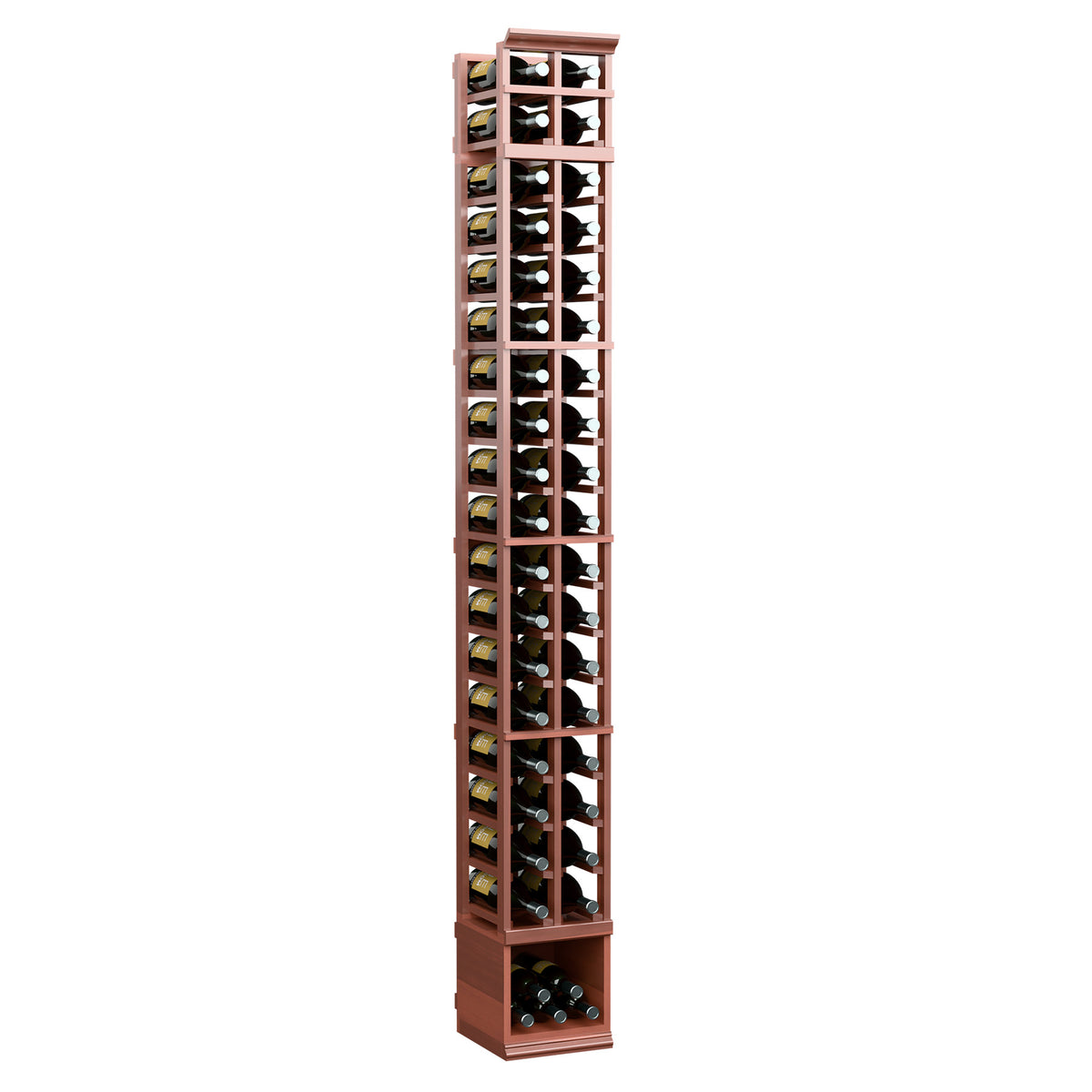 Tall 2-column wine bottle display rack with warm brown wood finish and clear front slots