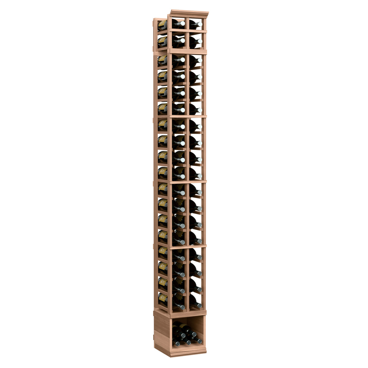 Tall 2-column wine bottle display rack with light wood finish and glass front bottle spaces