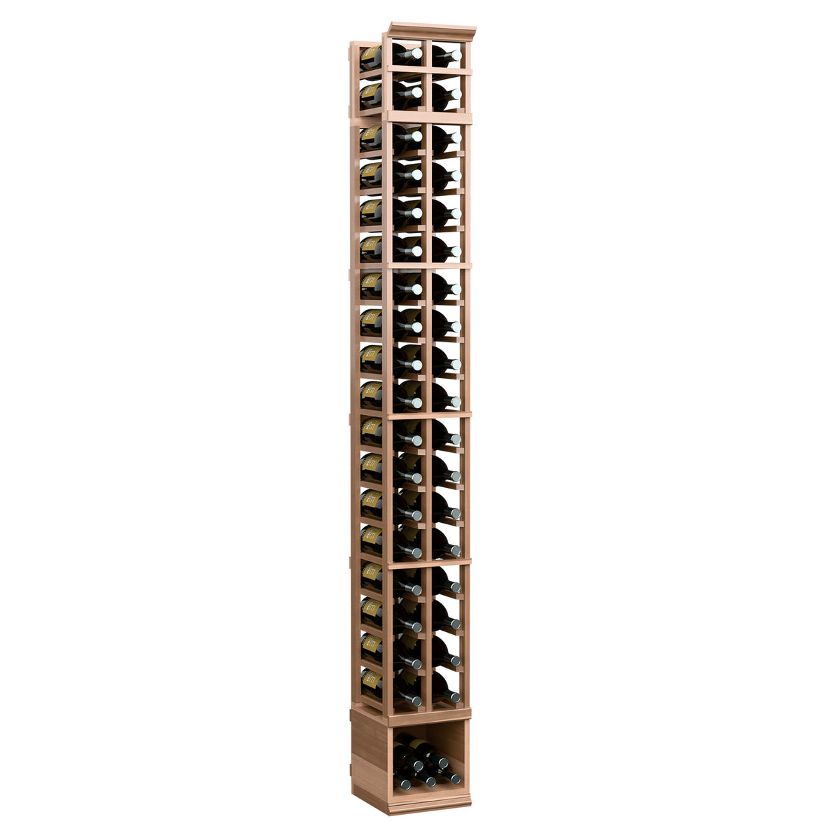 Tall 2-column wine bottle display rack in light wood with clear front compartments and base bin