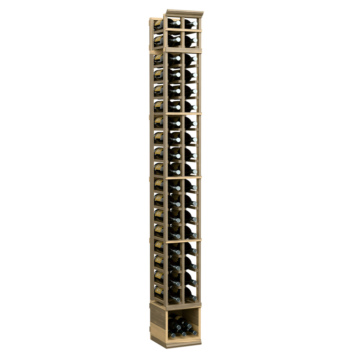Tall 2-column wine bottle display rack with light wood frame and clear front slots