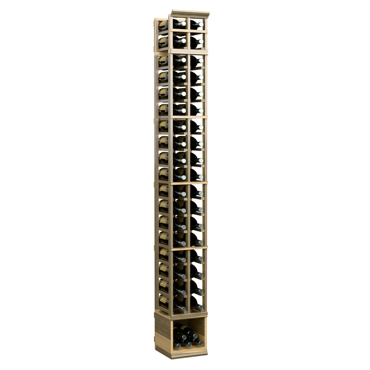 Tall 2-column wine bottle display rack with natural wood finish and glass bottle compartments