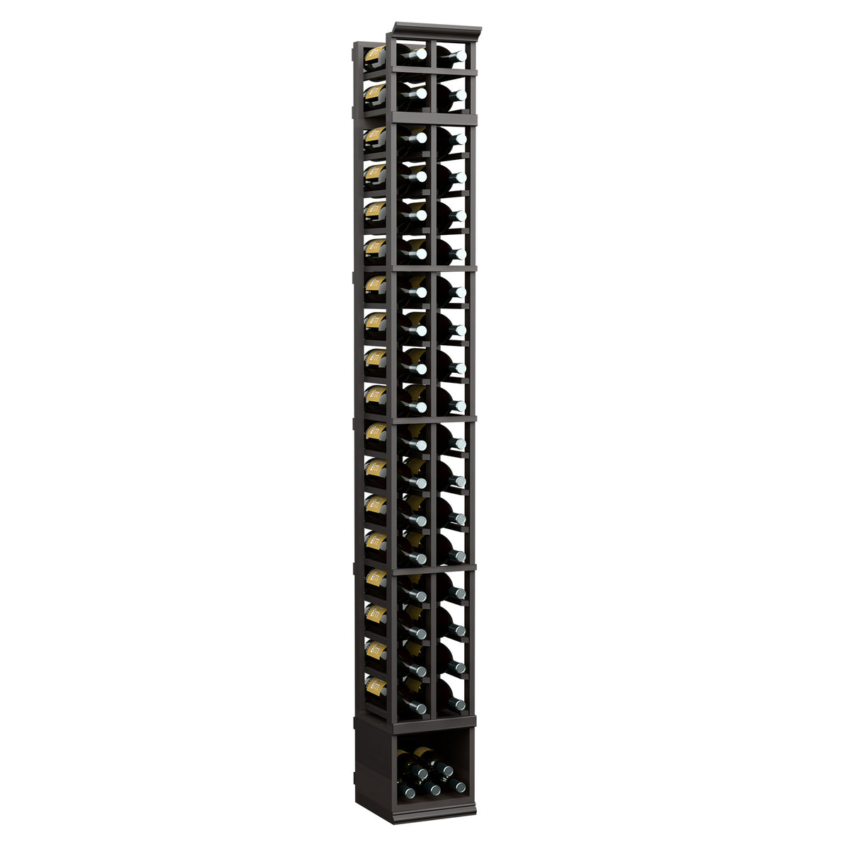 Tall 2-column wine bottle display rack with dark wood finish and clear front bottle spaces