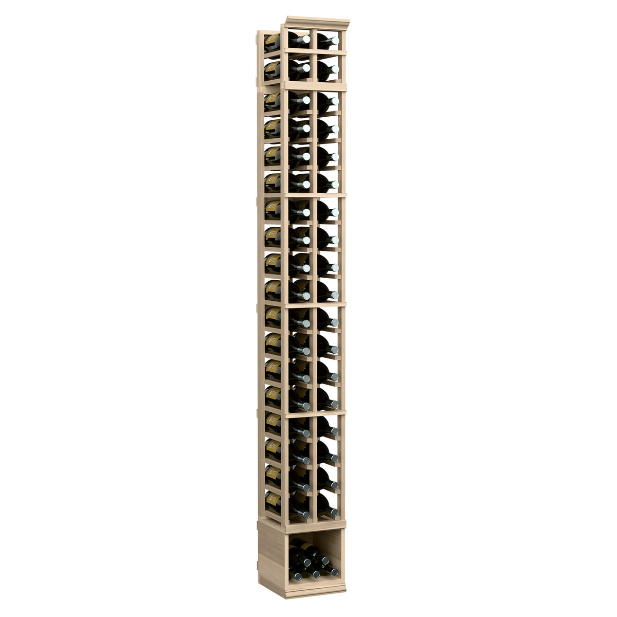 Two-column wooden wine rack with glass front, bottle slots in an 8-ft tall frame