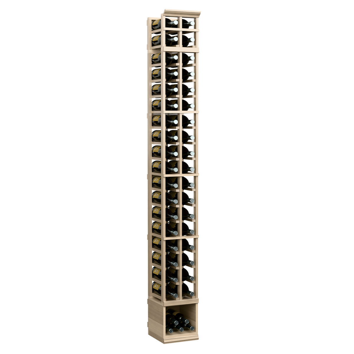 Two-column wine bottle rack, light wood frame with glass front and vertical bottle slots