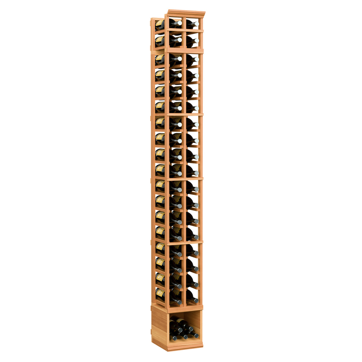 Two-column wooden wine rack with glass front, warm wood finish and vertical bottle slots