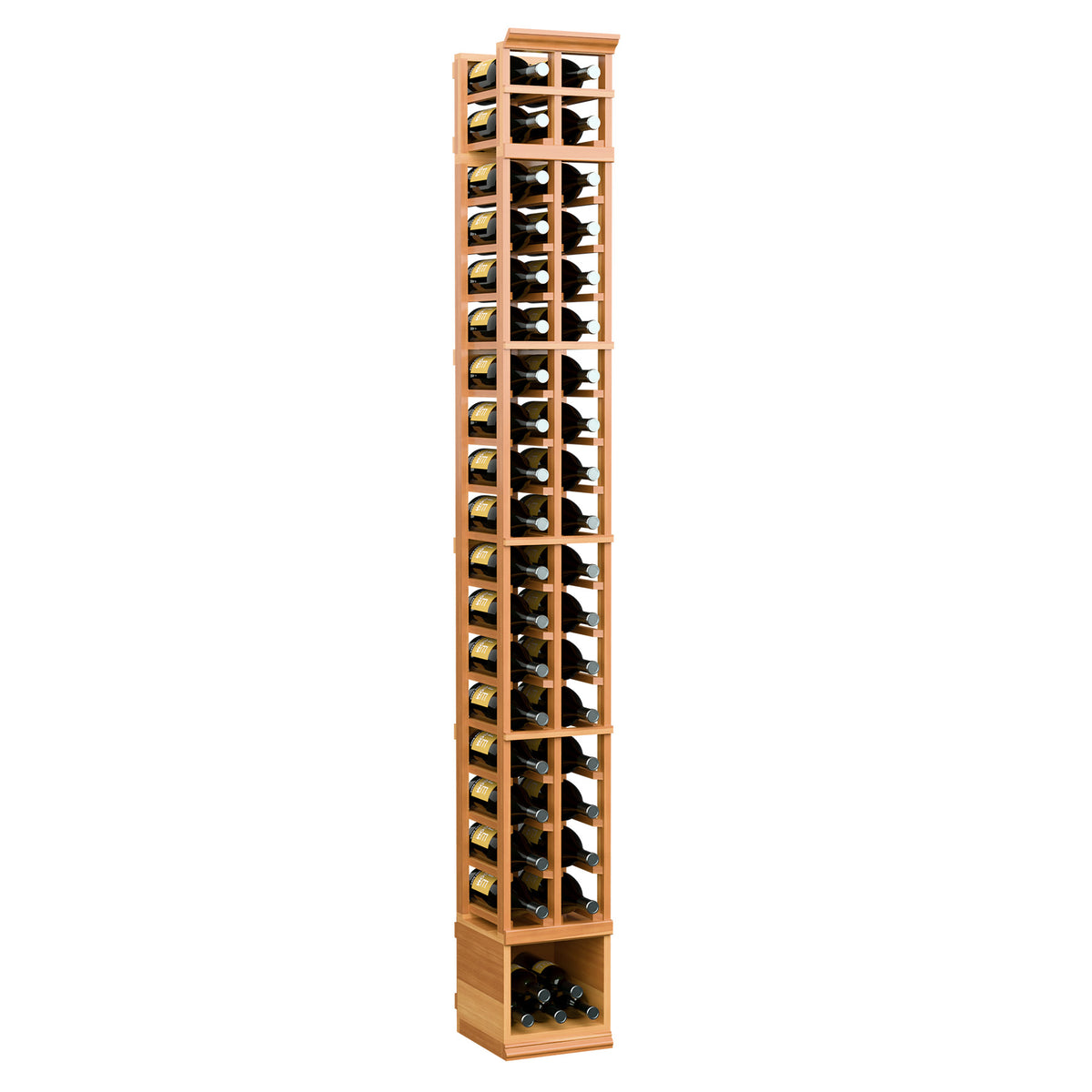 Two-column wine bottle rack, warm wood frame with clear glass panel sections for storage