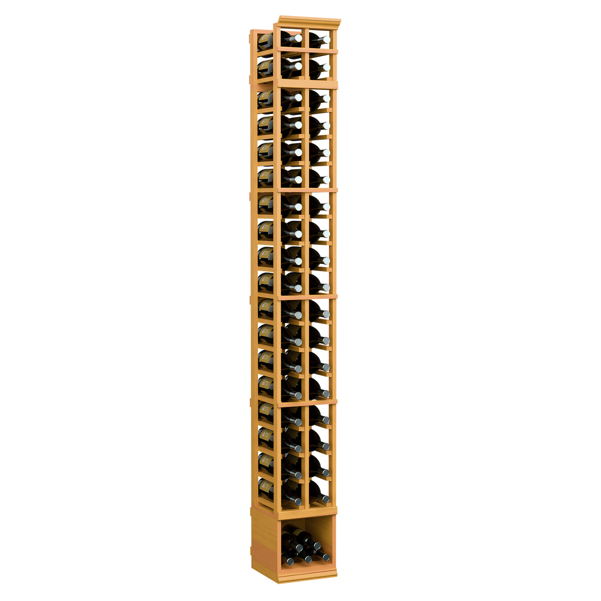 Two-column wooden wine rack with glass front, light warm wood tone and stocked bottle slots