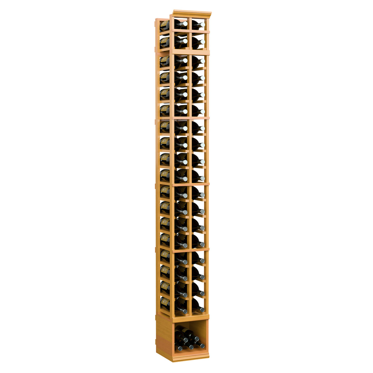 Two-column wine bottle rack, warm wood frame with glass front and multiple bottle levels