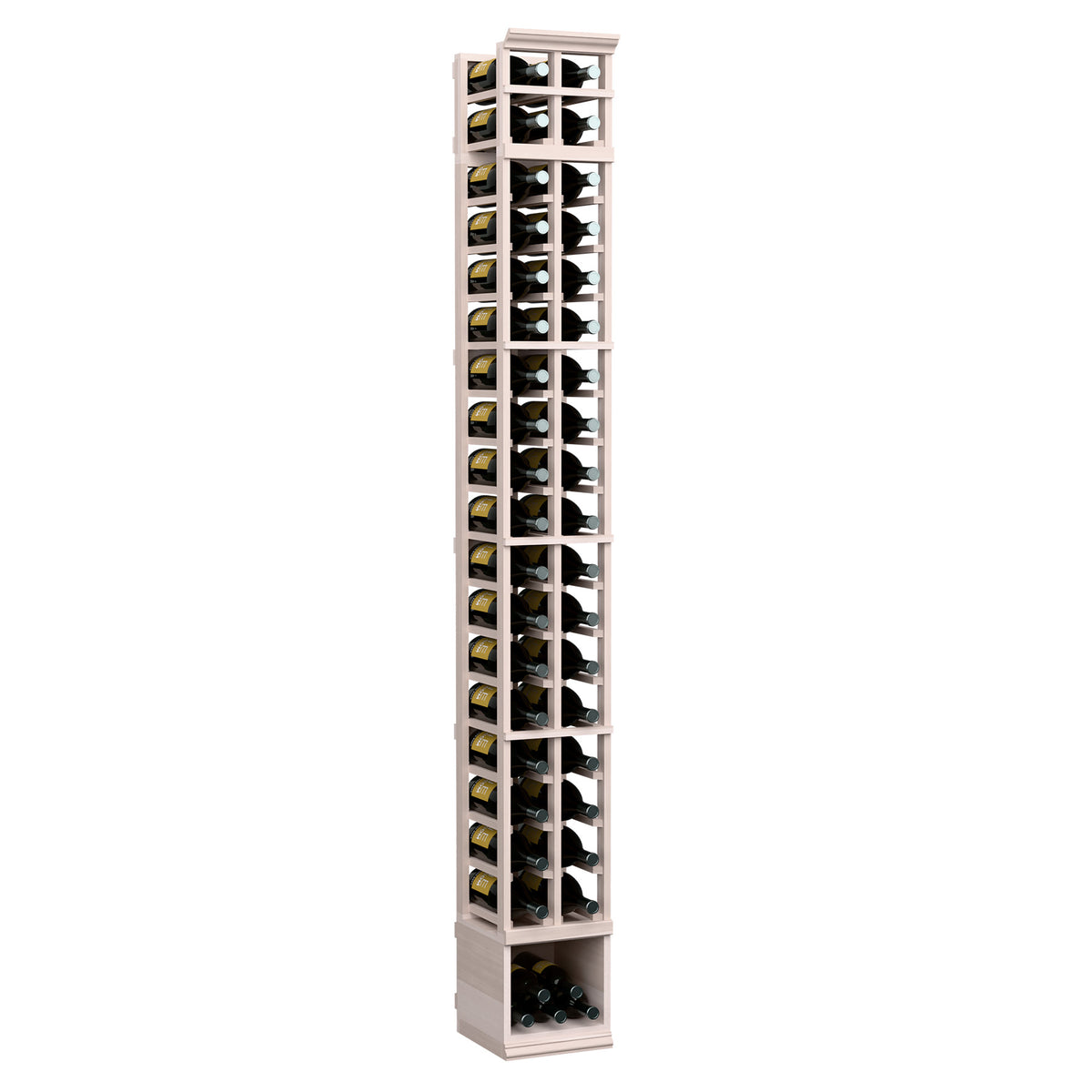 Two-column wooden wine rack with glass front, light gray finish and vertical bottle slots