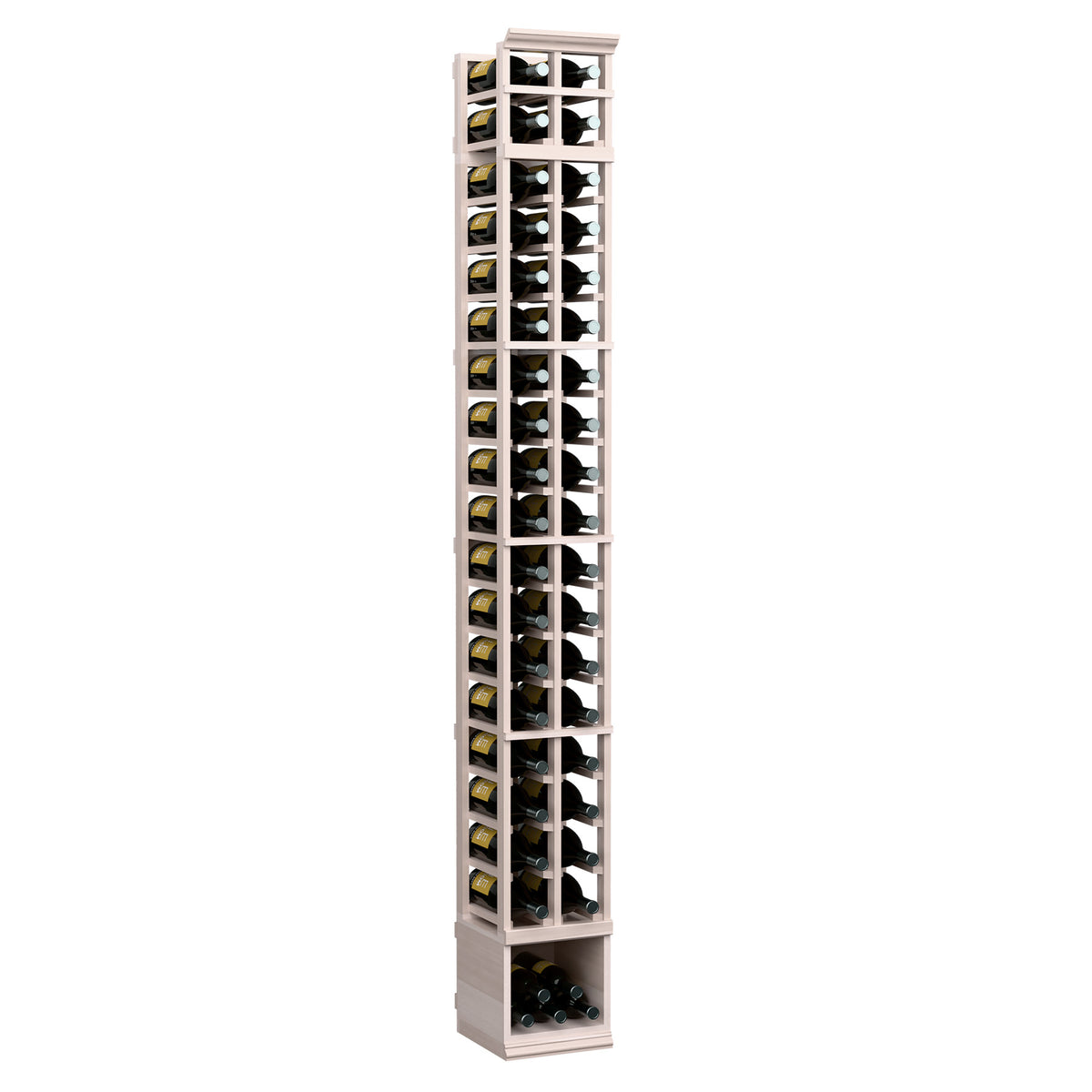 Two-column wine bottle rack, light gray wood frame with glass front and bottle compartments