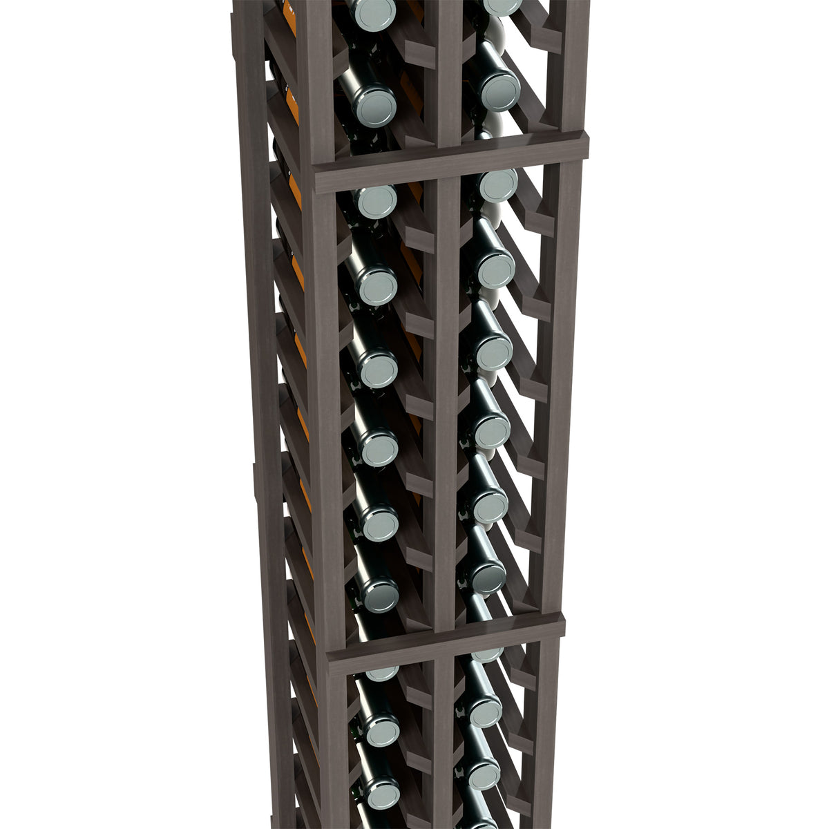 2-column split bottle rack close-up, dark wood lattice holding wine bottles