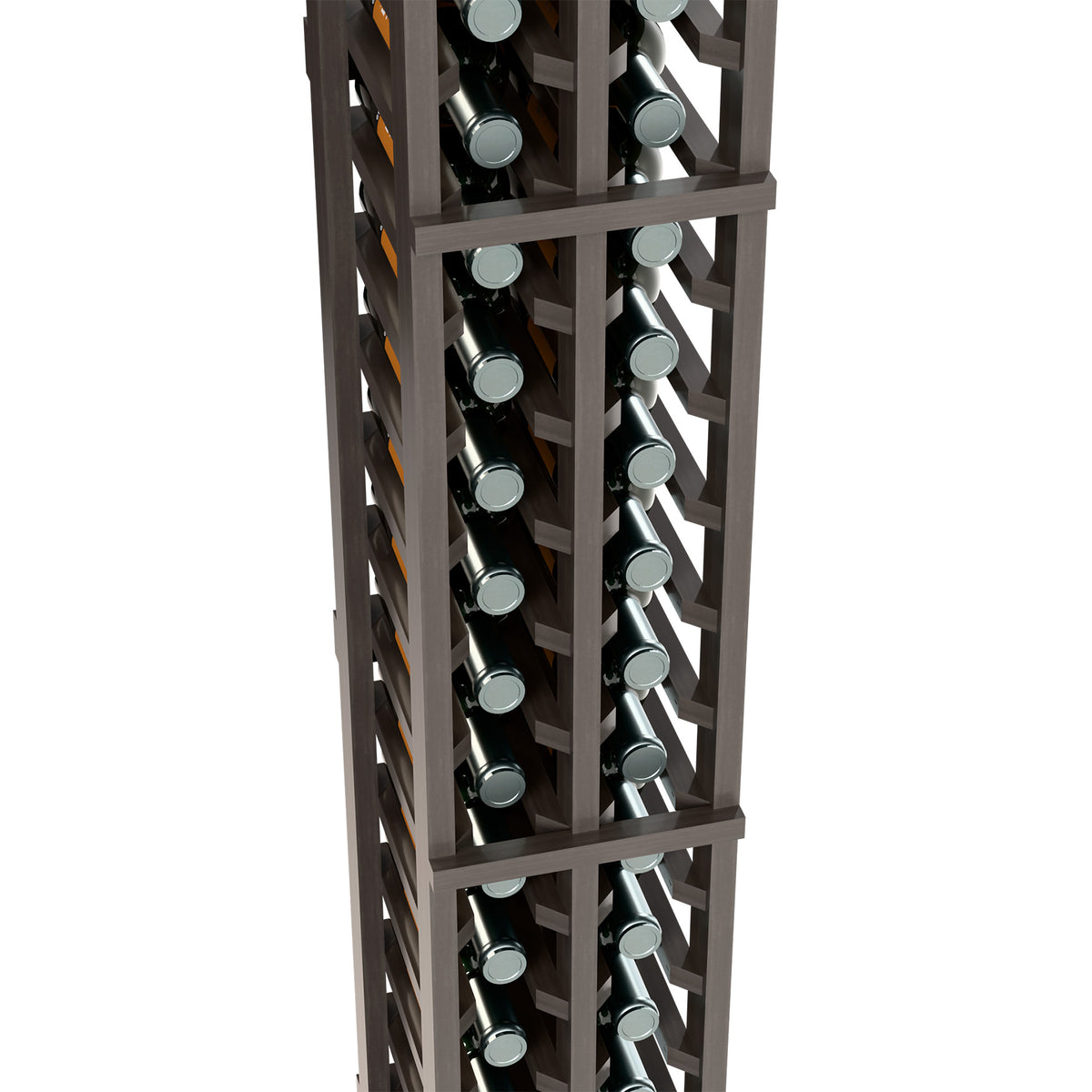 2-column split bottle rack close-up, dark wood grid with stacked bottles