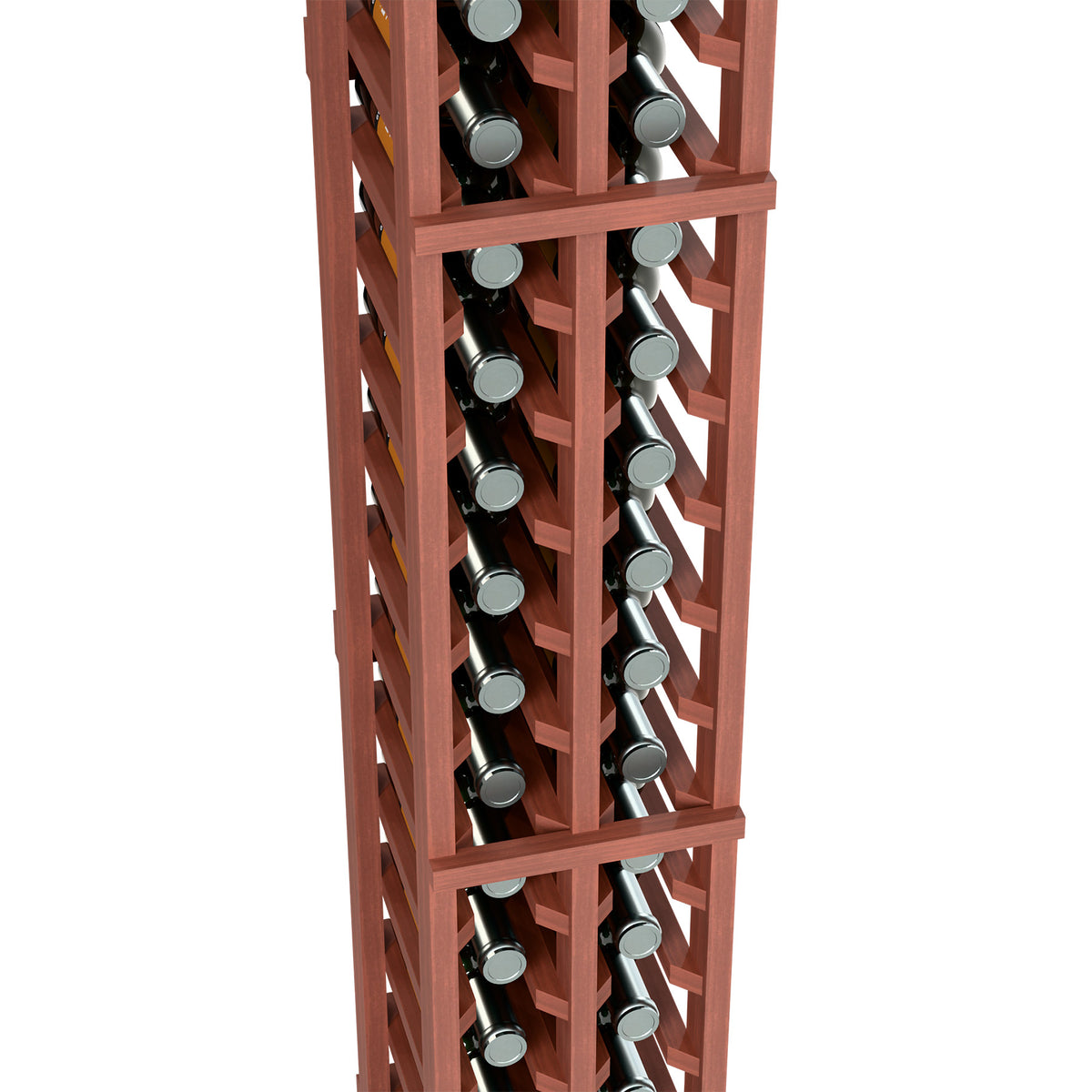 2-column split bottle rack close-up, reddish wood lattice with bottle neck openings