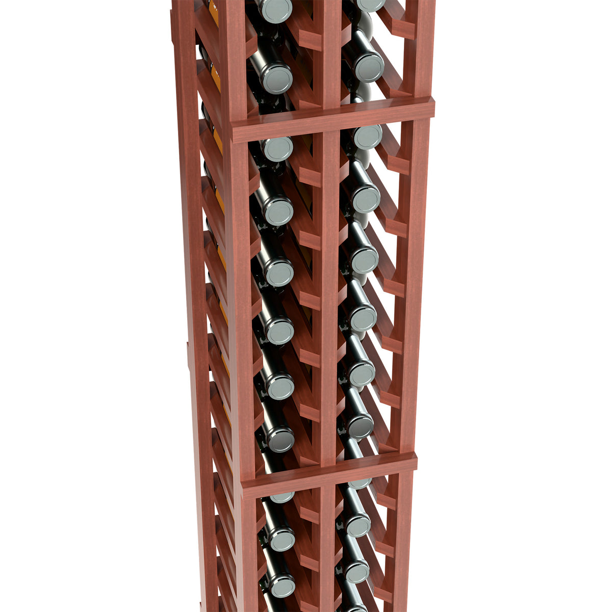 2-column split bottle rack close-up, reddish wood grid holding wine bottles