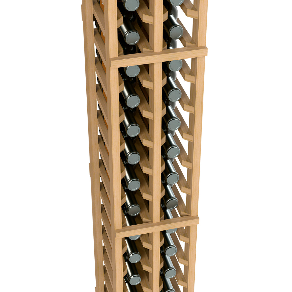 2-column split bottle rack close-up, light wood lattice holding wine bottles