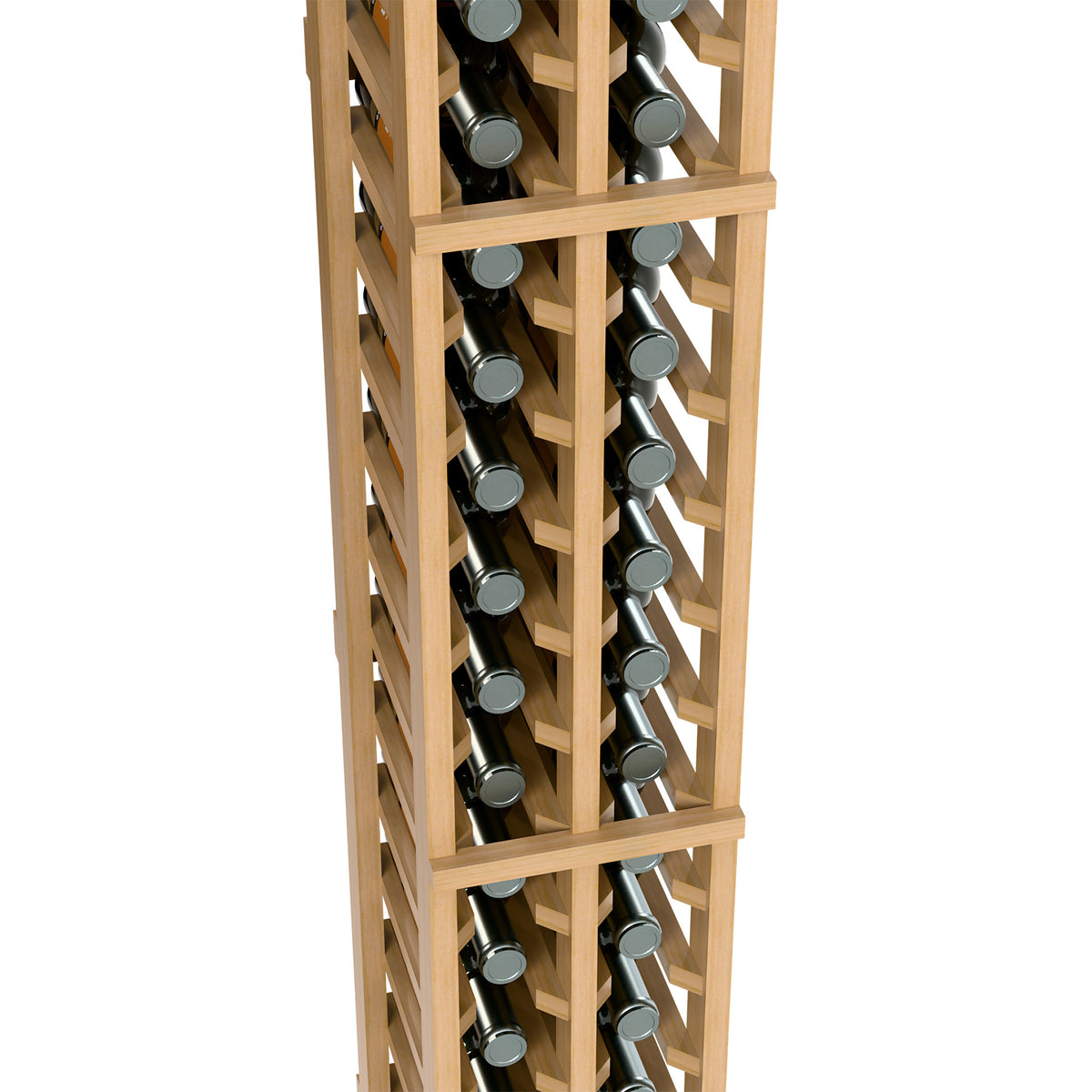 Wood 2-column split wine bottle rack close-up showing bottles in individual wooden slots