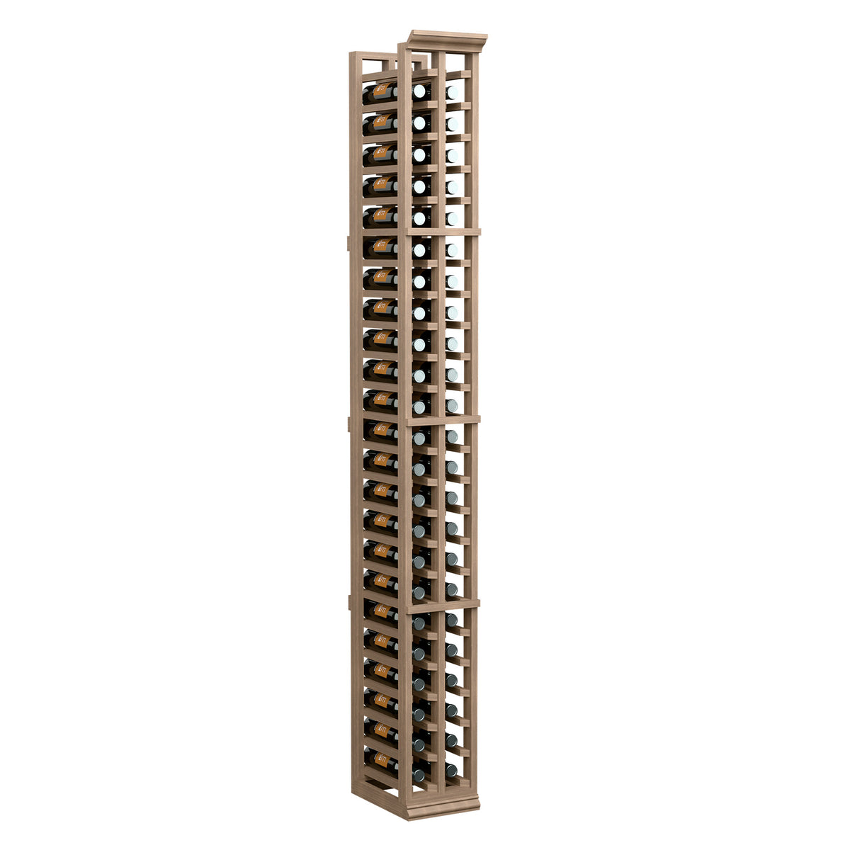 Tall wood 2-column split wine bottle rack with bottles secured in two vertical rows