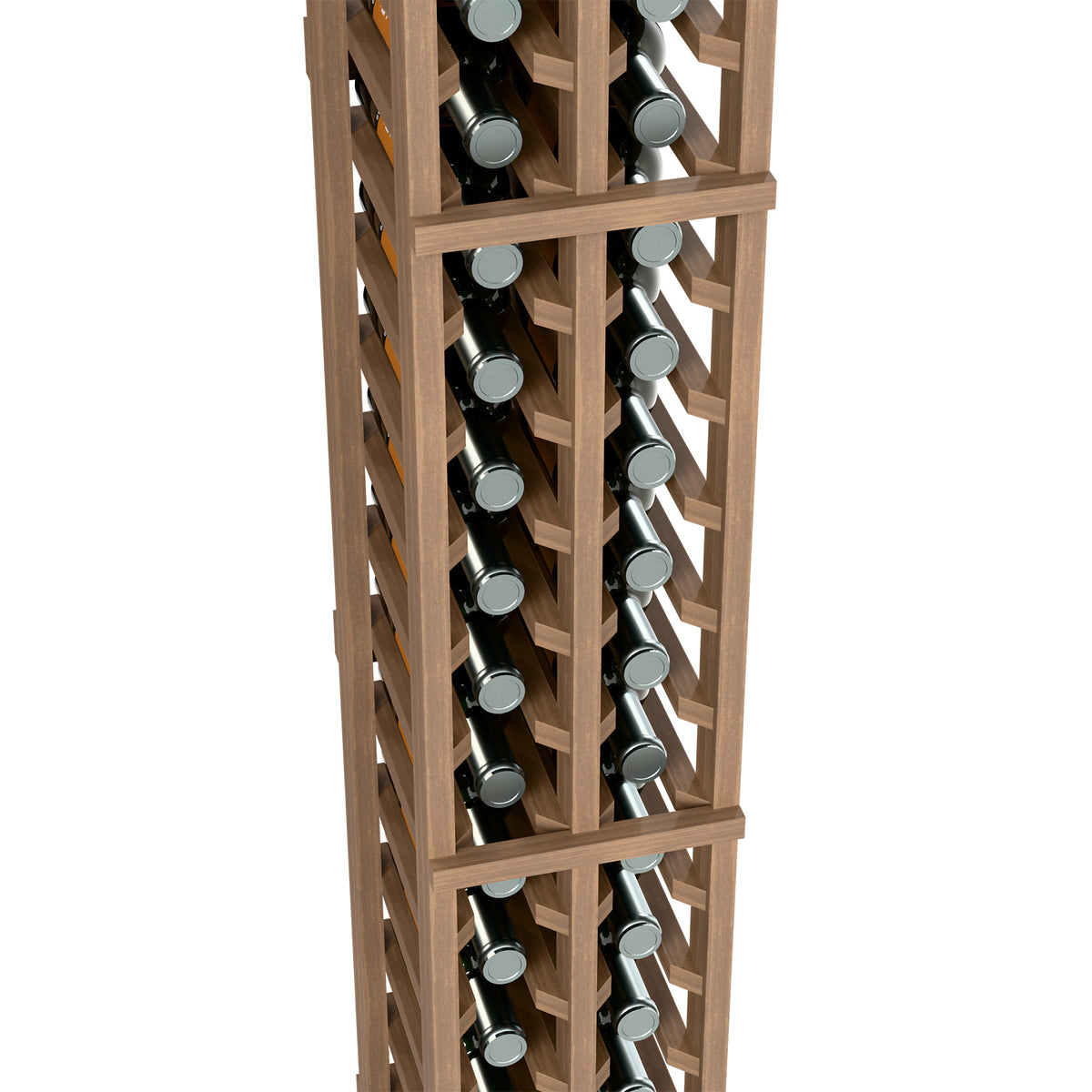 Wood 2-column split wine bottle rack close-up with stacked bottles in side-by-side slots
