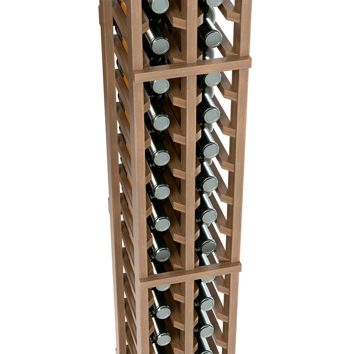 Wood 2-column split wine bottle rack close-up showing bottle necks in the upper slots