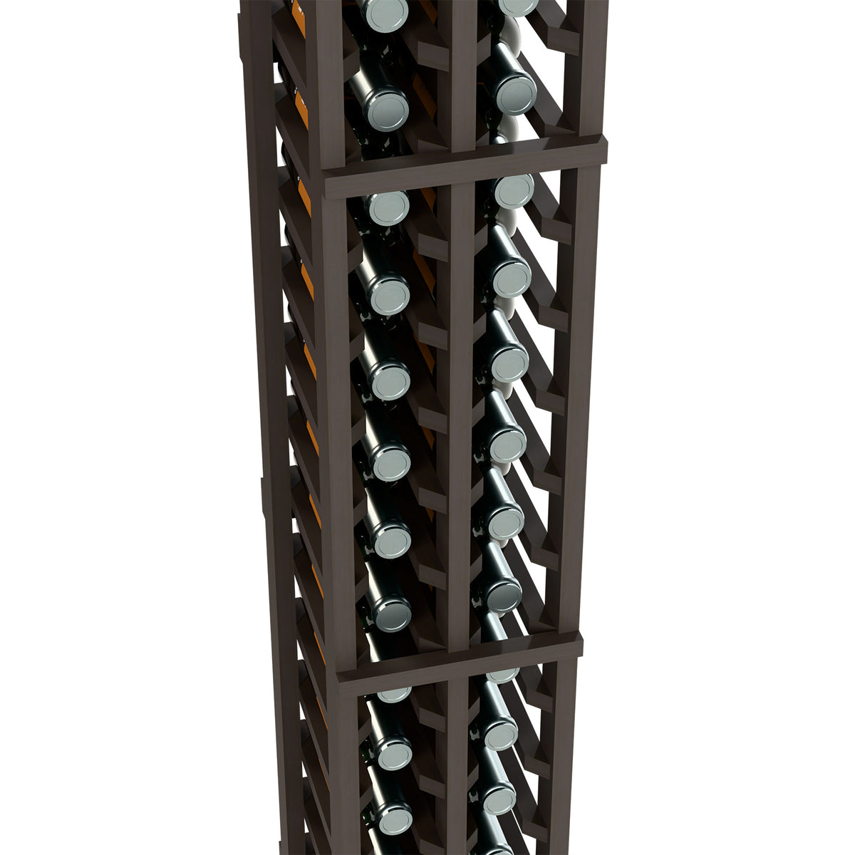 Dark wood 2-column split wine bottle rack close-up with bottles held in wooden grids