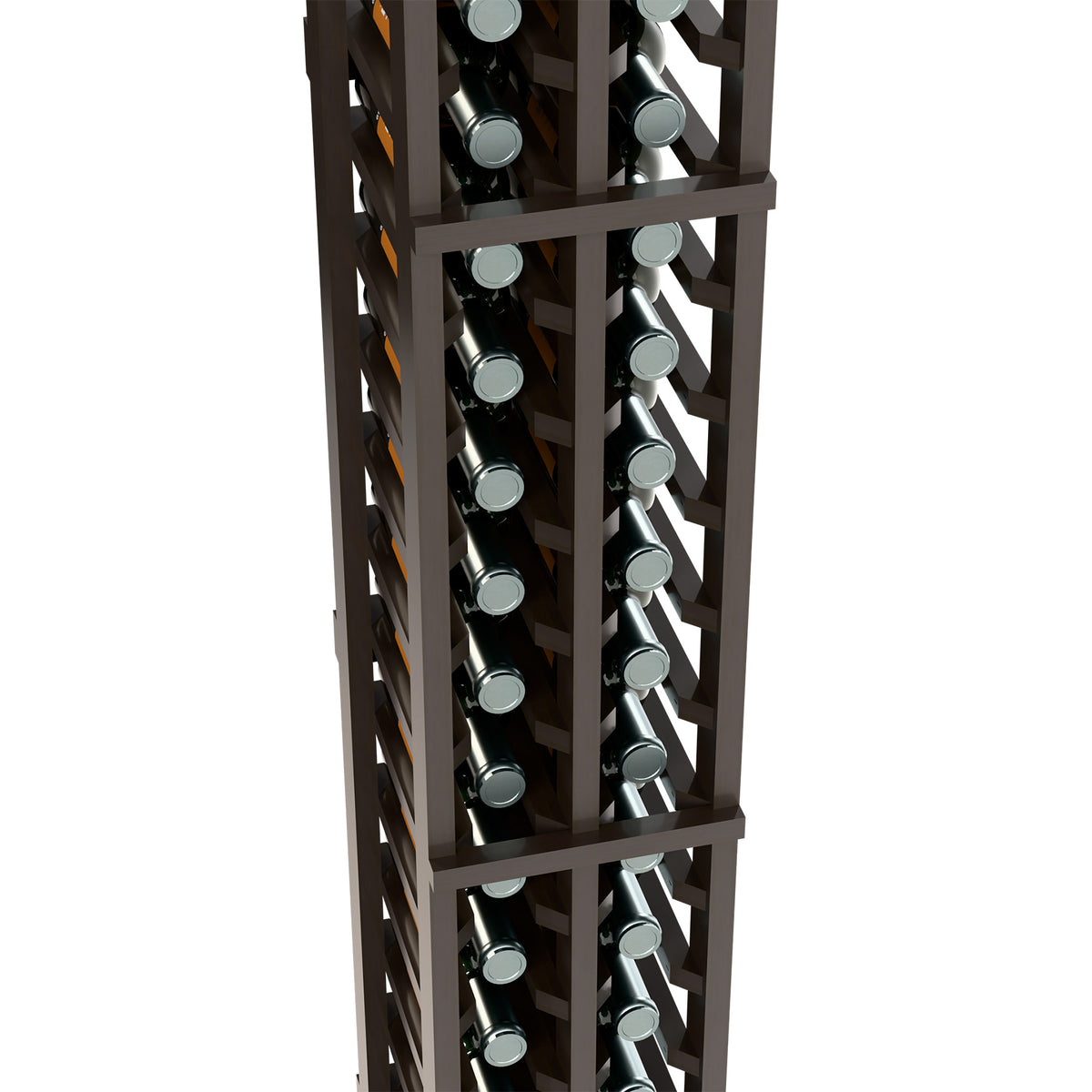 Dark wood 2-column split wine bottle rack close-up showing bottles in side-by-side slots