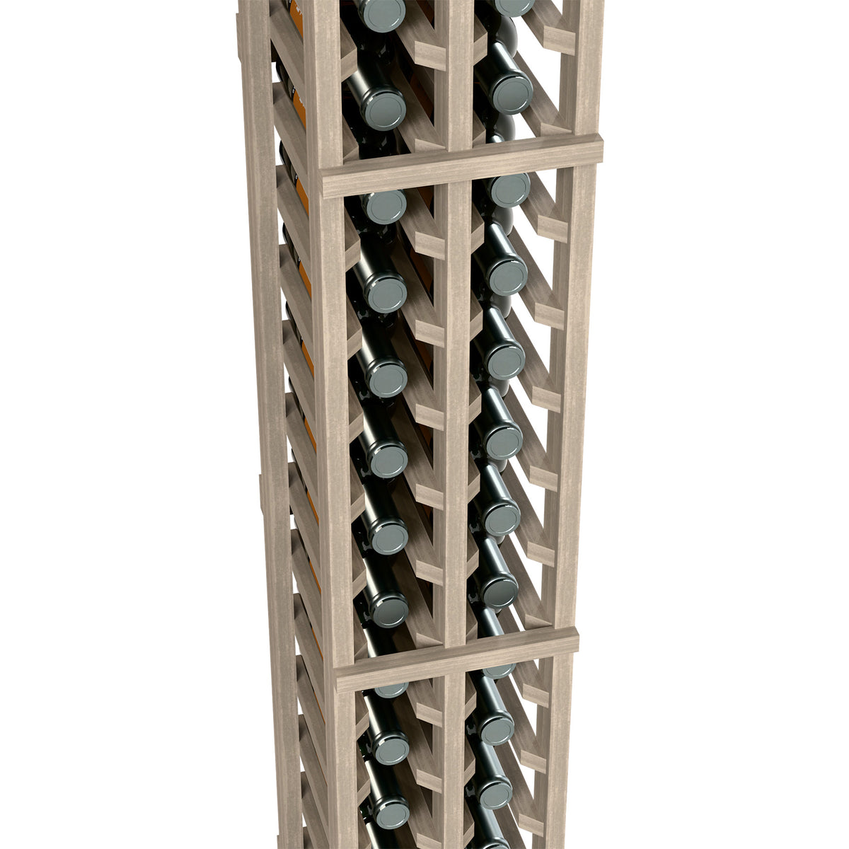 2-column split bottle rack close-up with light wood dividers holding wine bottles