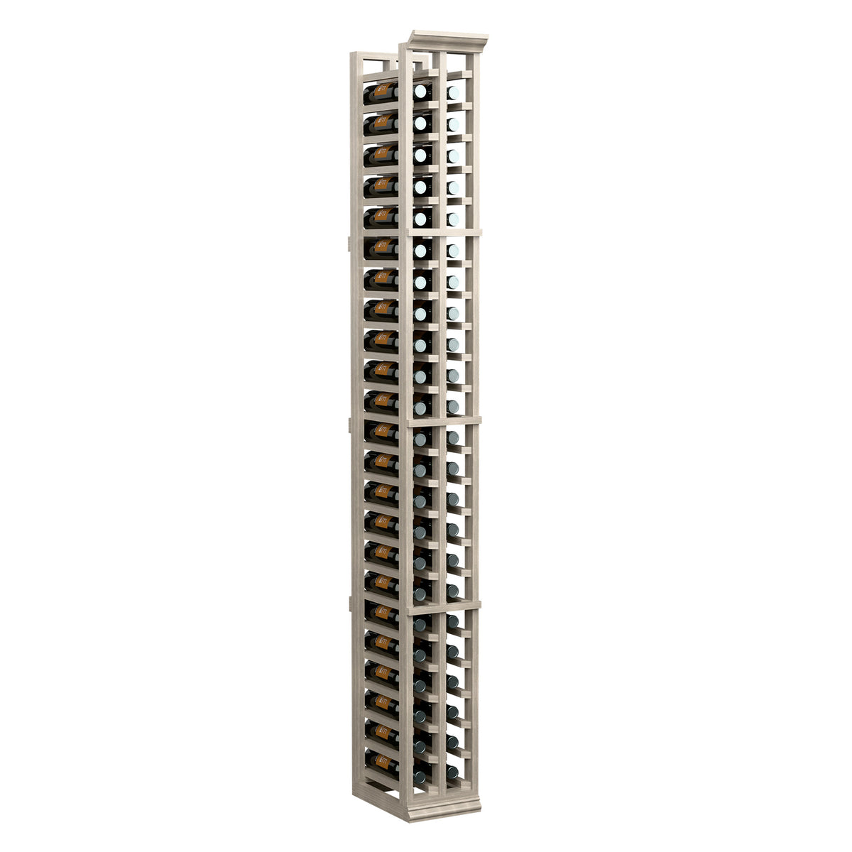 6-ft 2-column split bottle rack, light wood with two rows of wine bottles