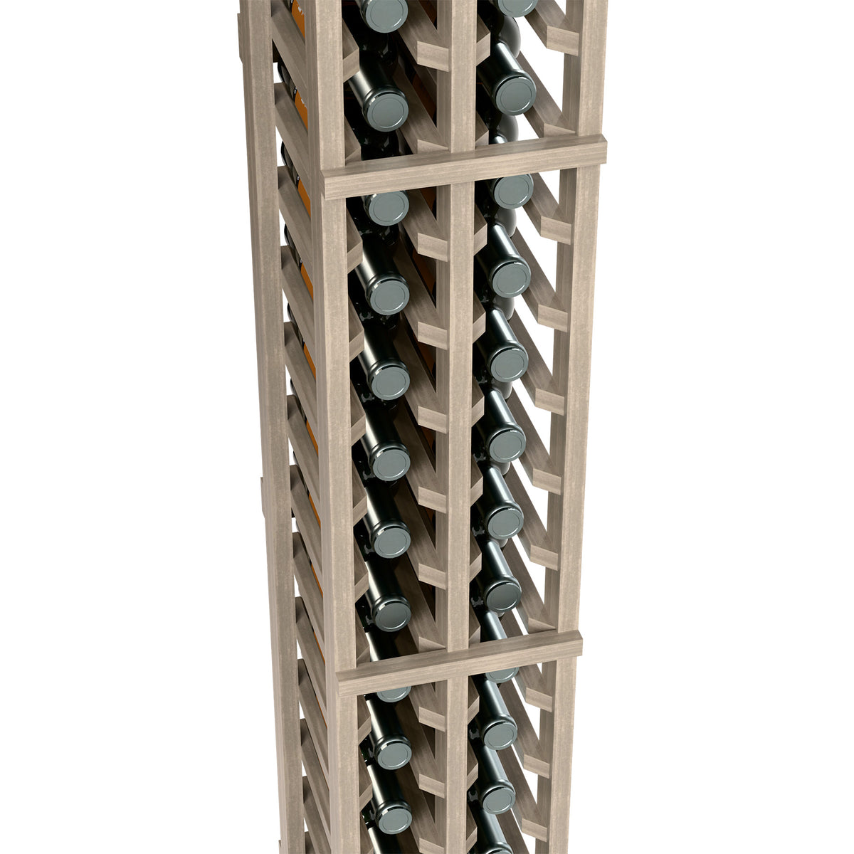 2-column split bottle rack close-up, light wood with bottle slots and dividers