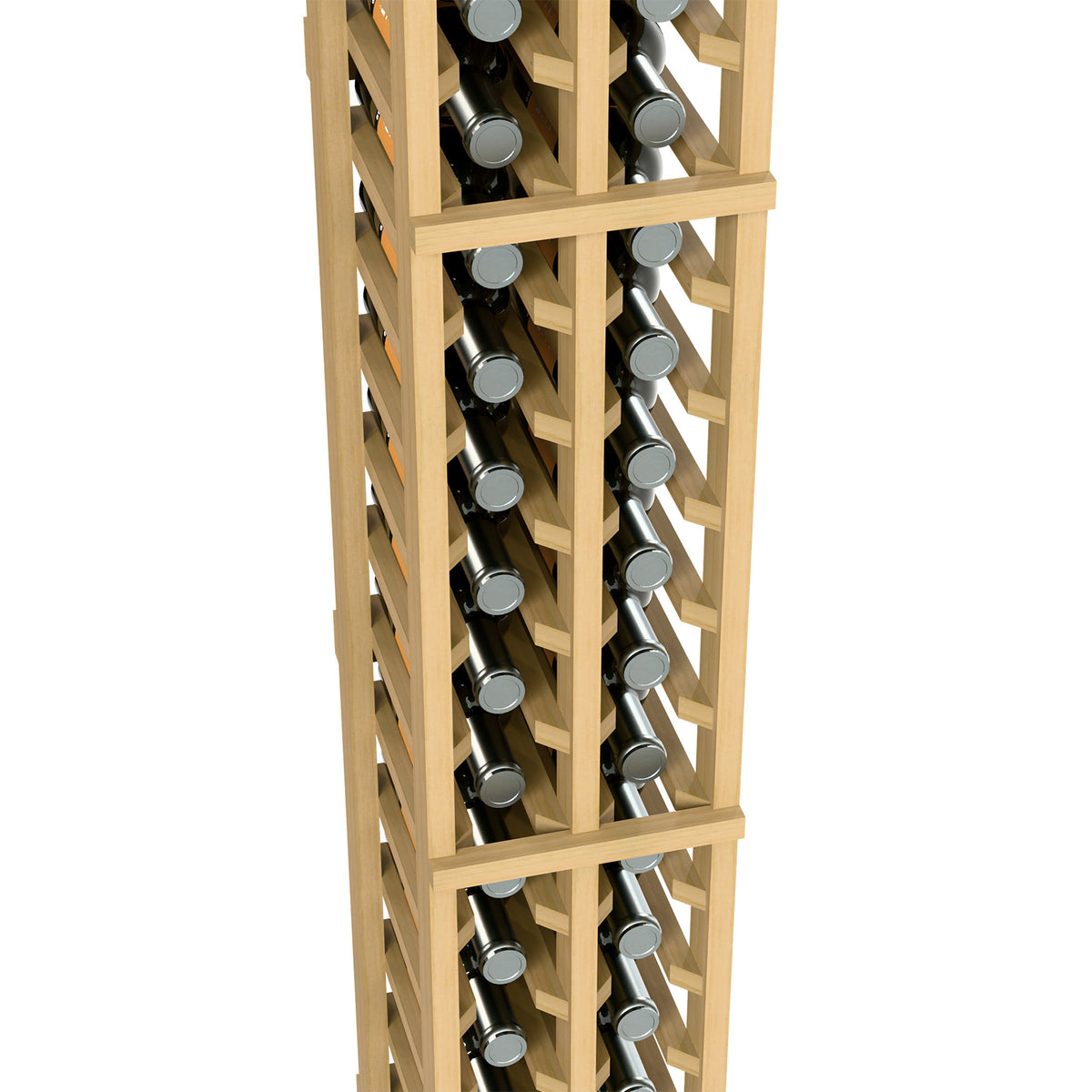 2-column split bottle rack close-up, warm light wood dividers holding wine bottles