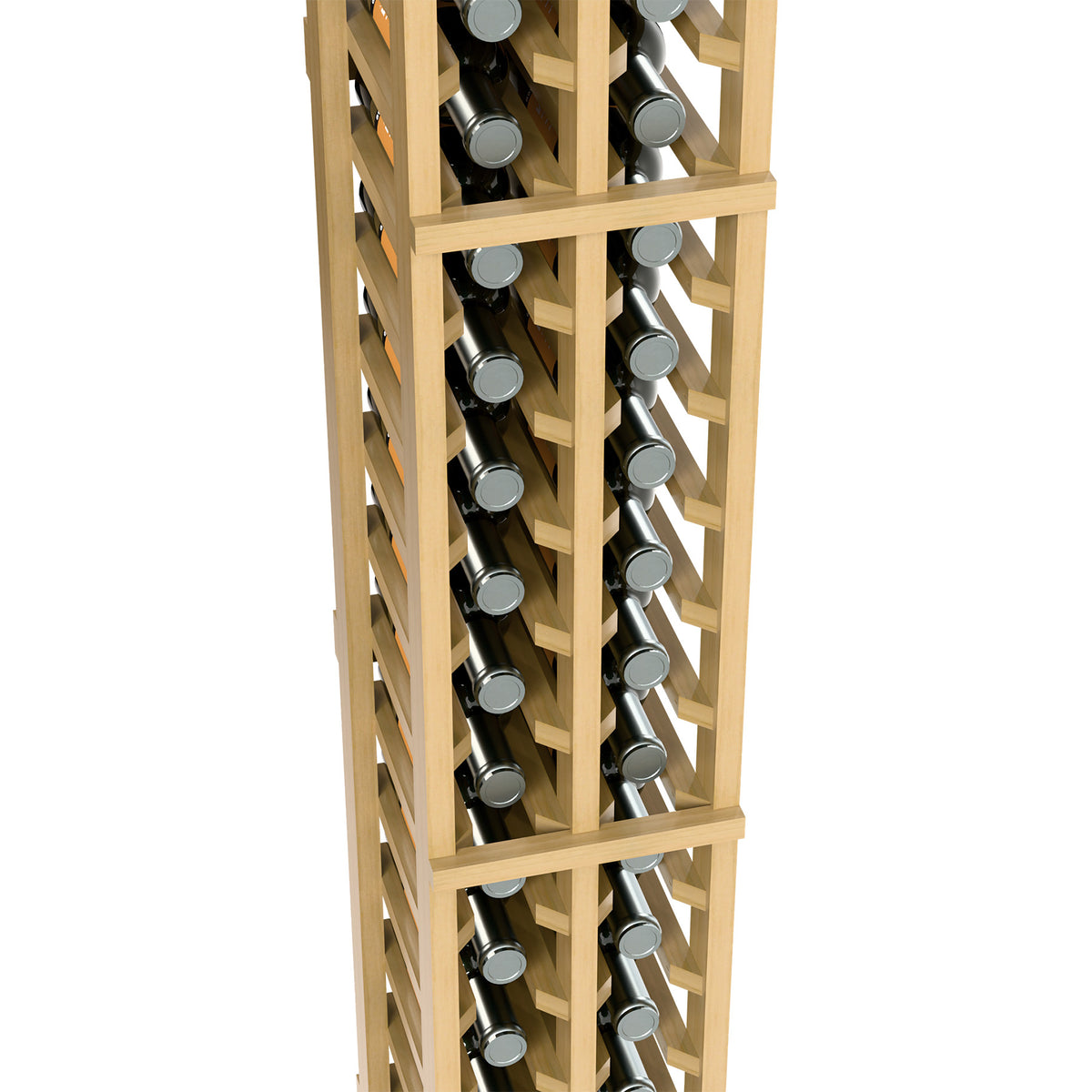 2-column split bottle rack close-up, warm light wood grid with wine bottles