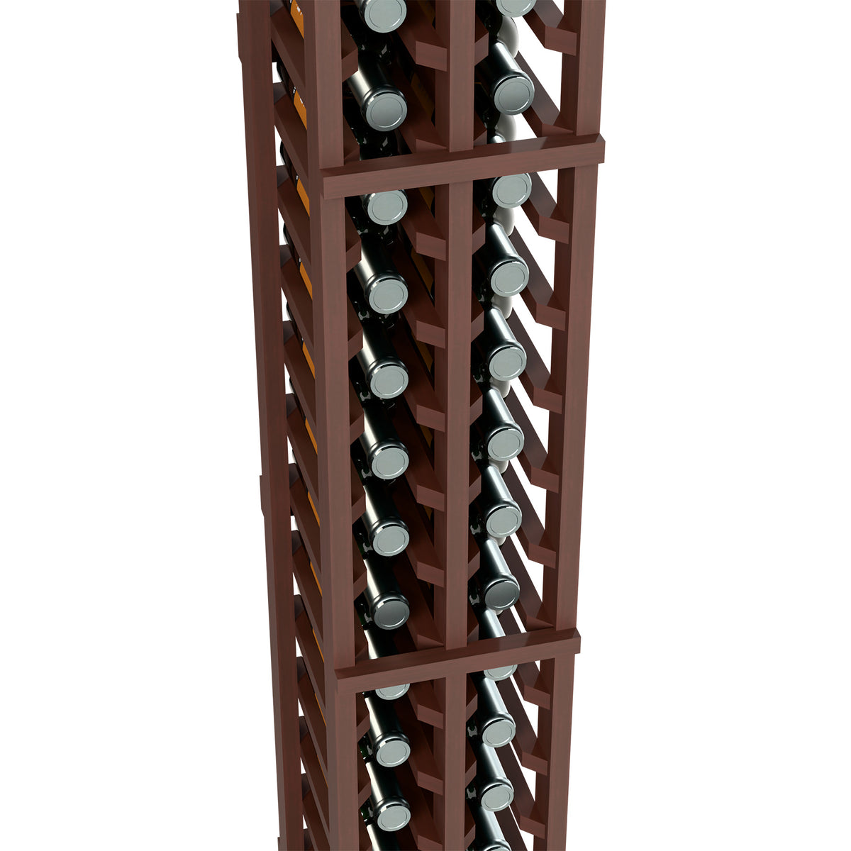 2-column split bottle rack close-up, dark wood dividers with wine bottle slots