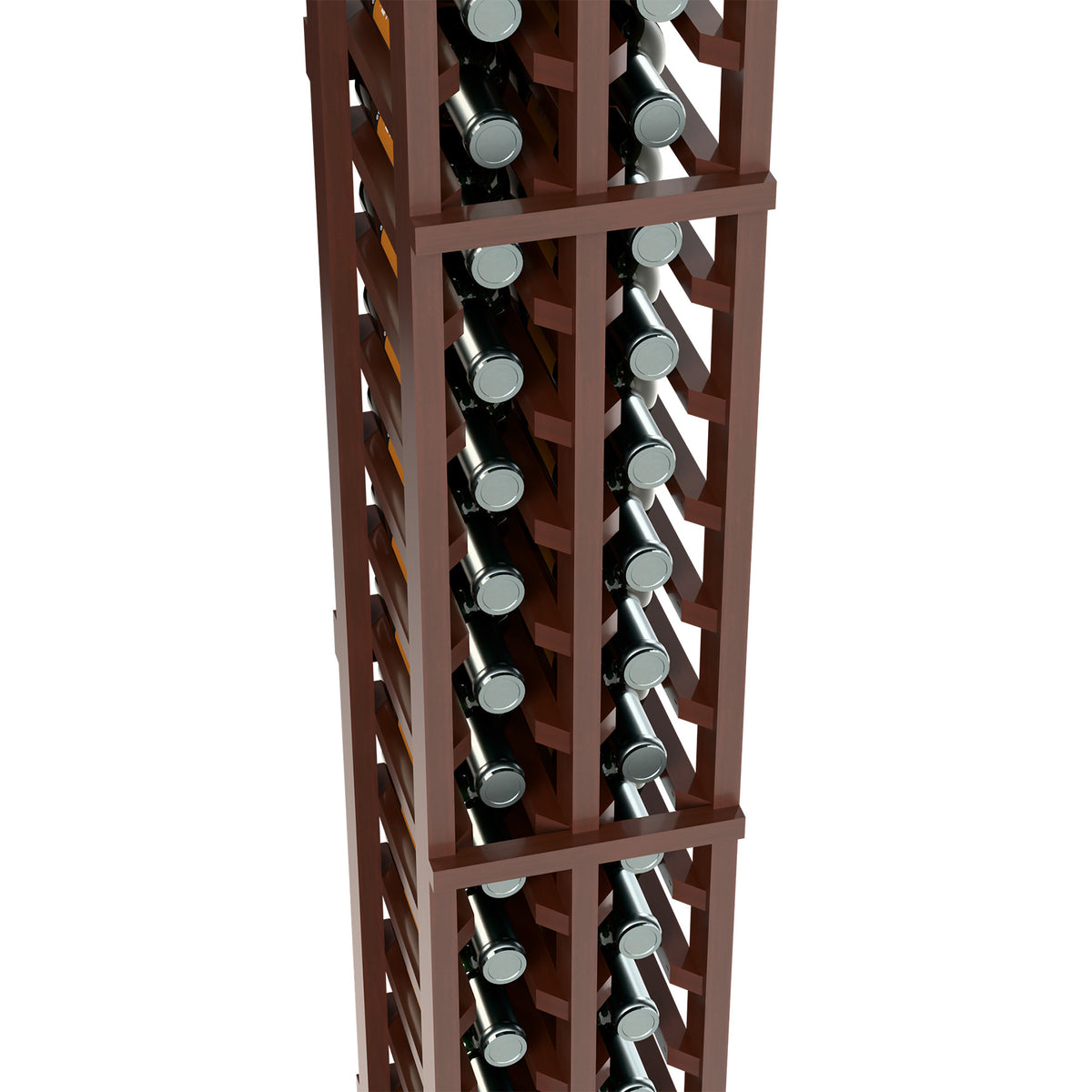 Wood bottle rack close-up showing two columns holding wine bottles