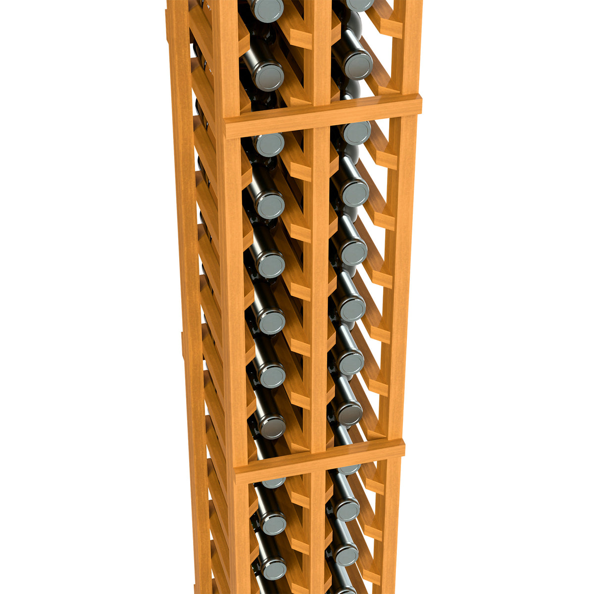 Wood 2-column split bottle rack detail with wine bottles in front slots