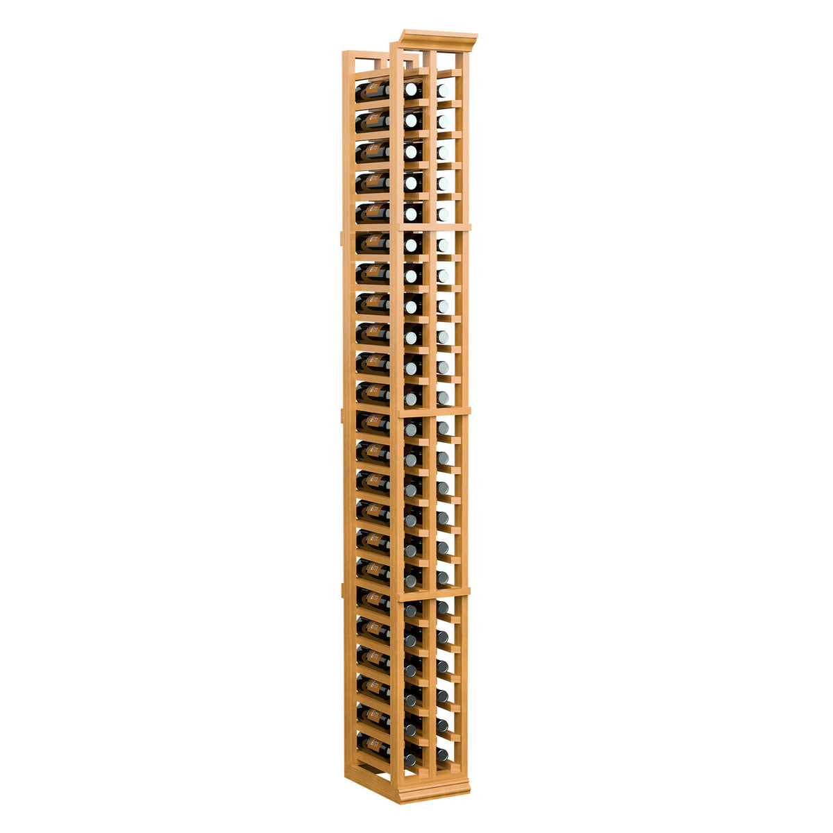 Natural wood 2-column split bottle rack with vertical bottle compartments