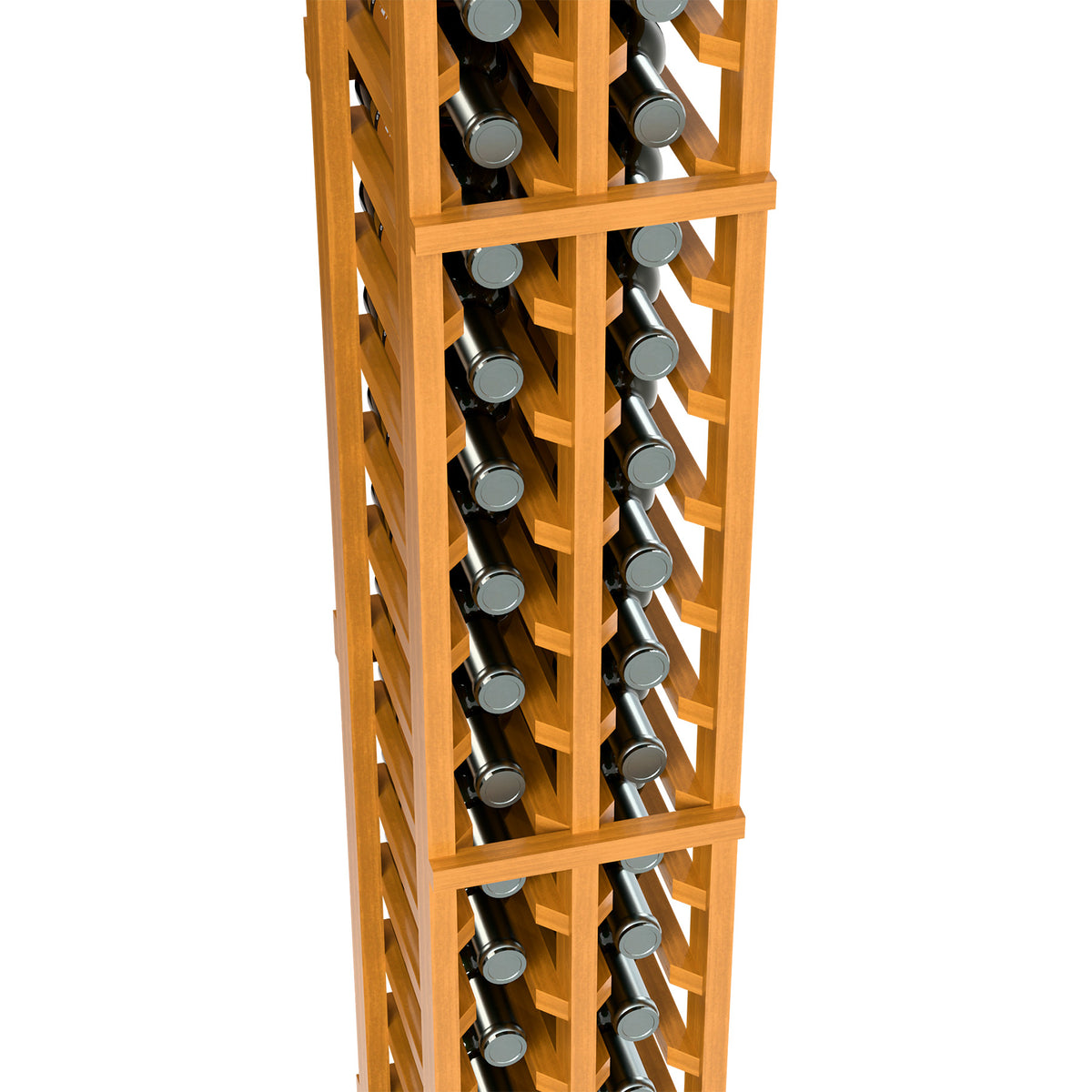 Natural wood wine bottle rack close-up showing two vertical bottle columns