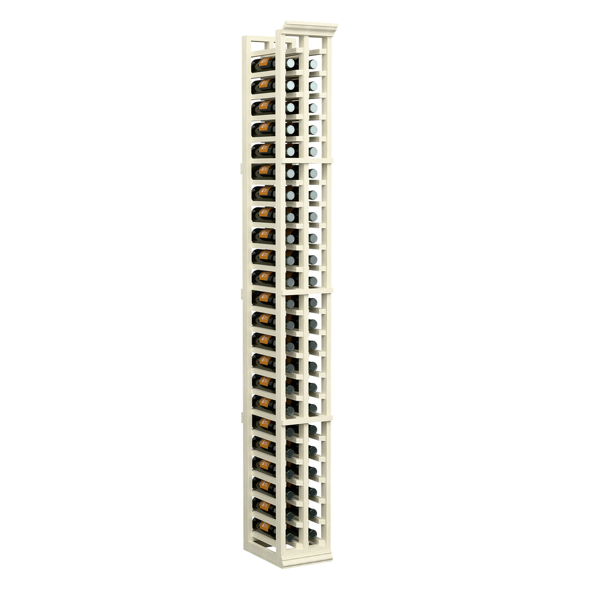 White-finished 2-column split bottle rack with vertical holders for wine bottles