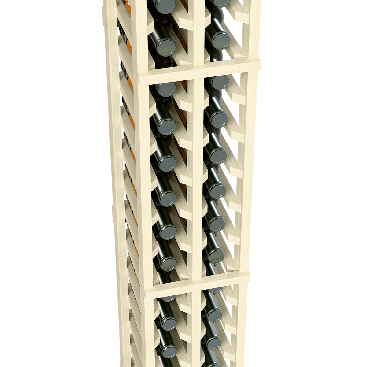 White bottle rack close-up showing two columns storing wine bottles