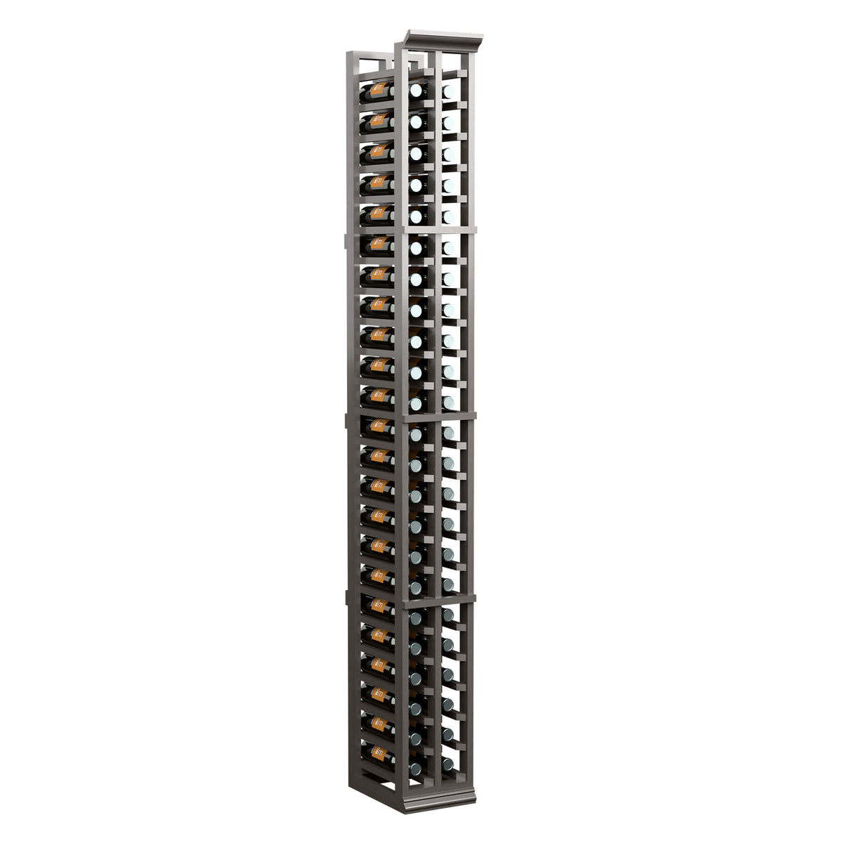 Tall two-column split bottle rack with dark gray frame and two bottle columns