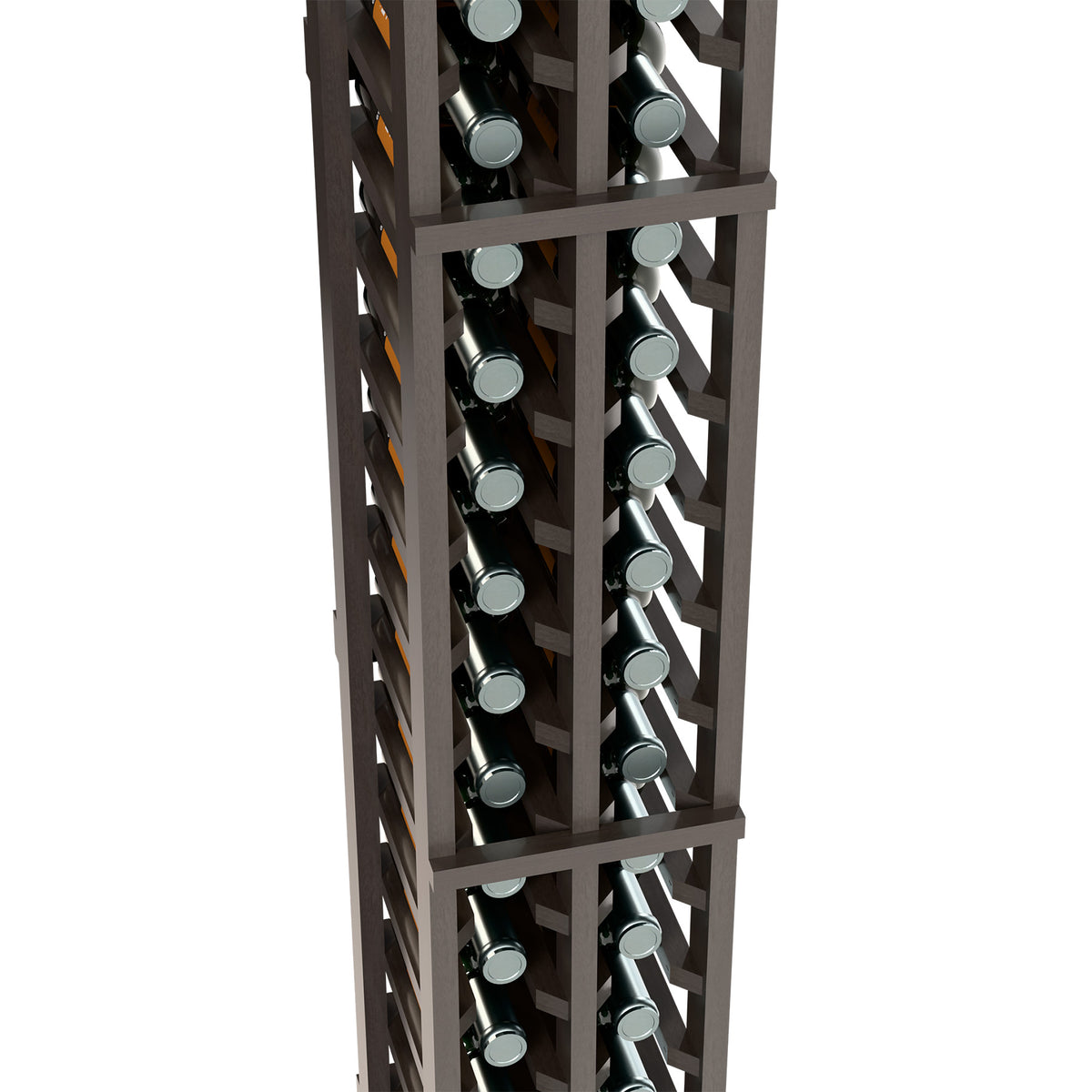 Two-column split bottle rack close-up with dark gray frame and bottle holders