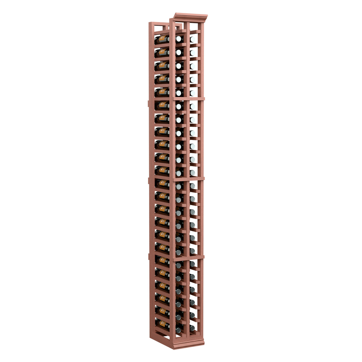 Two-column split bottle rack, reddish wood with open bottle slots