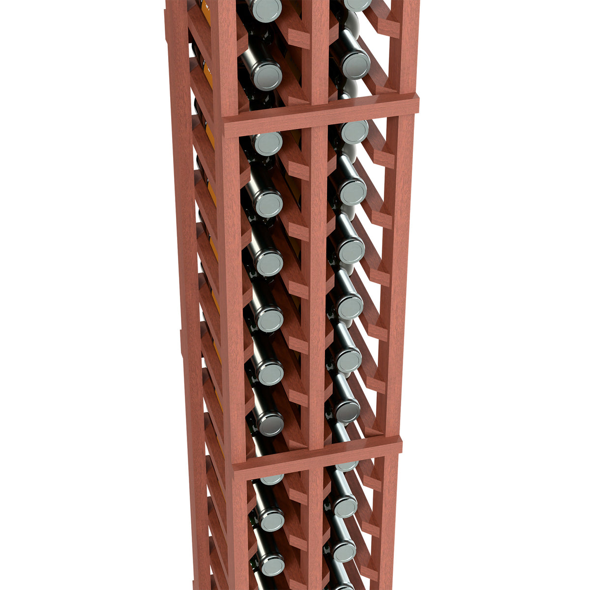 Two-column split bottle rack with reddish frame and bottle neck holders