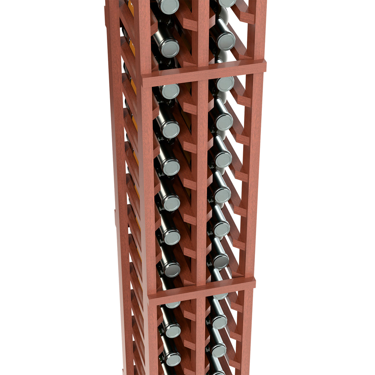 Two-column split bottle rack close-up with reddish frame and bottle holders
