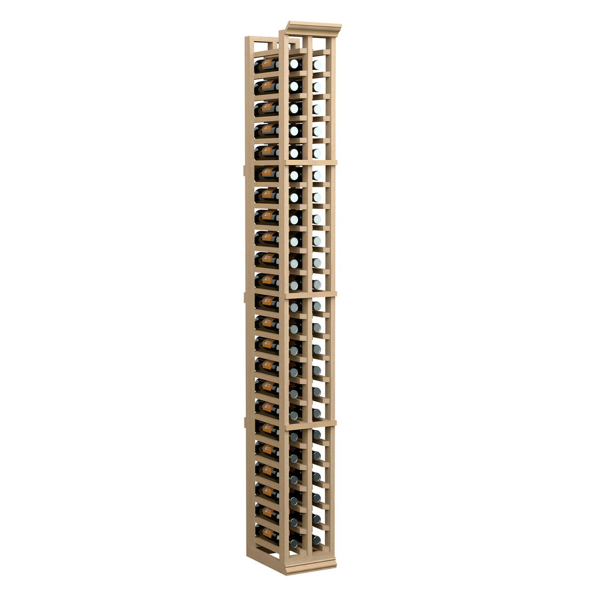 Two-column split bottle rack, light wood with open bottle slots