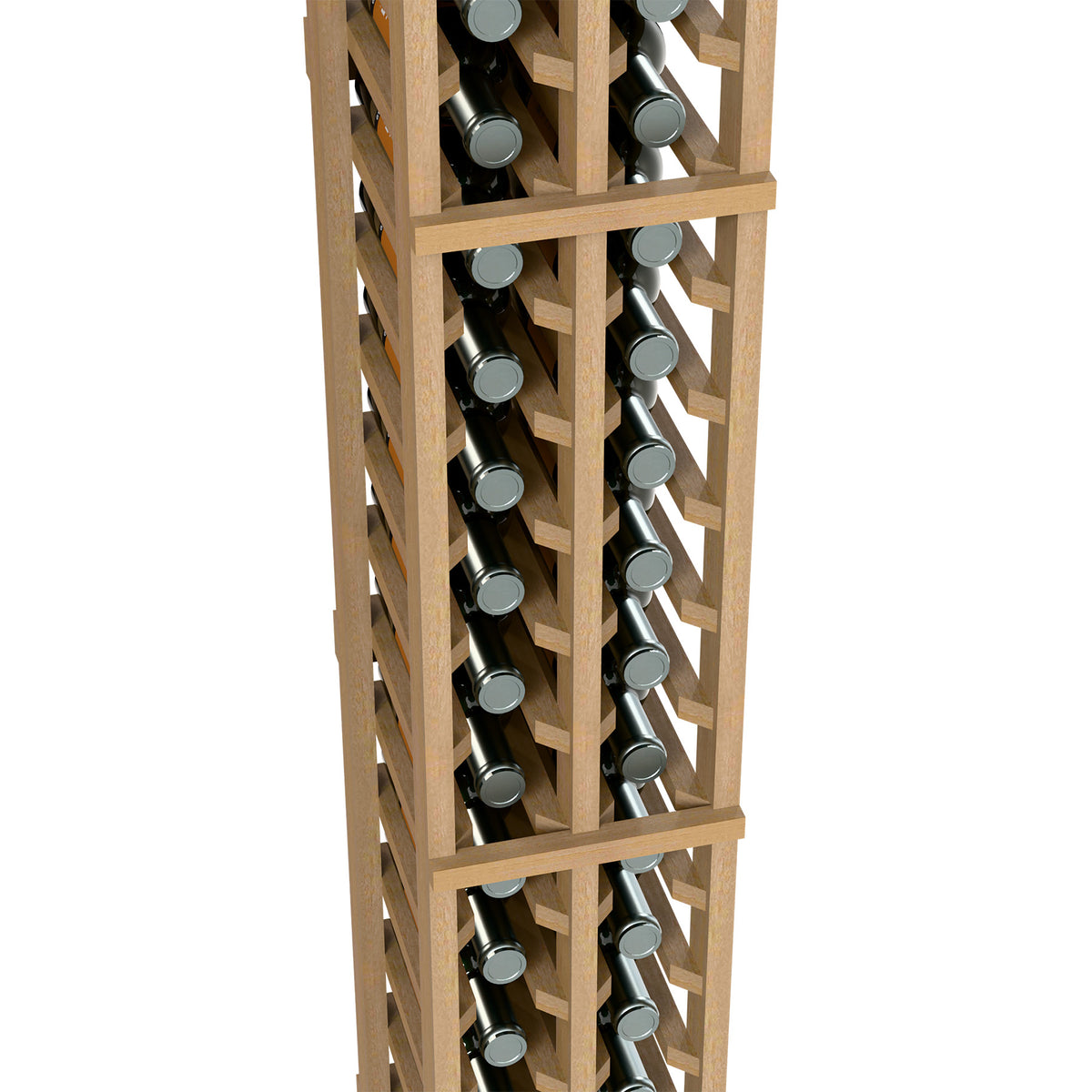 Two-column split bottle rack with light wood frame and bottle neck holders