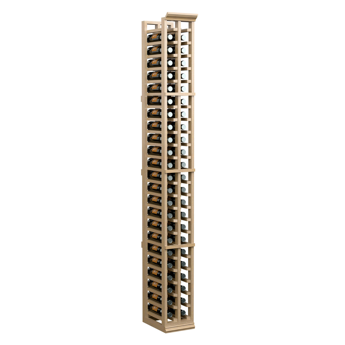 Two-column split wine bottle rack in light wood with bottle slots on both sides